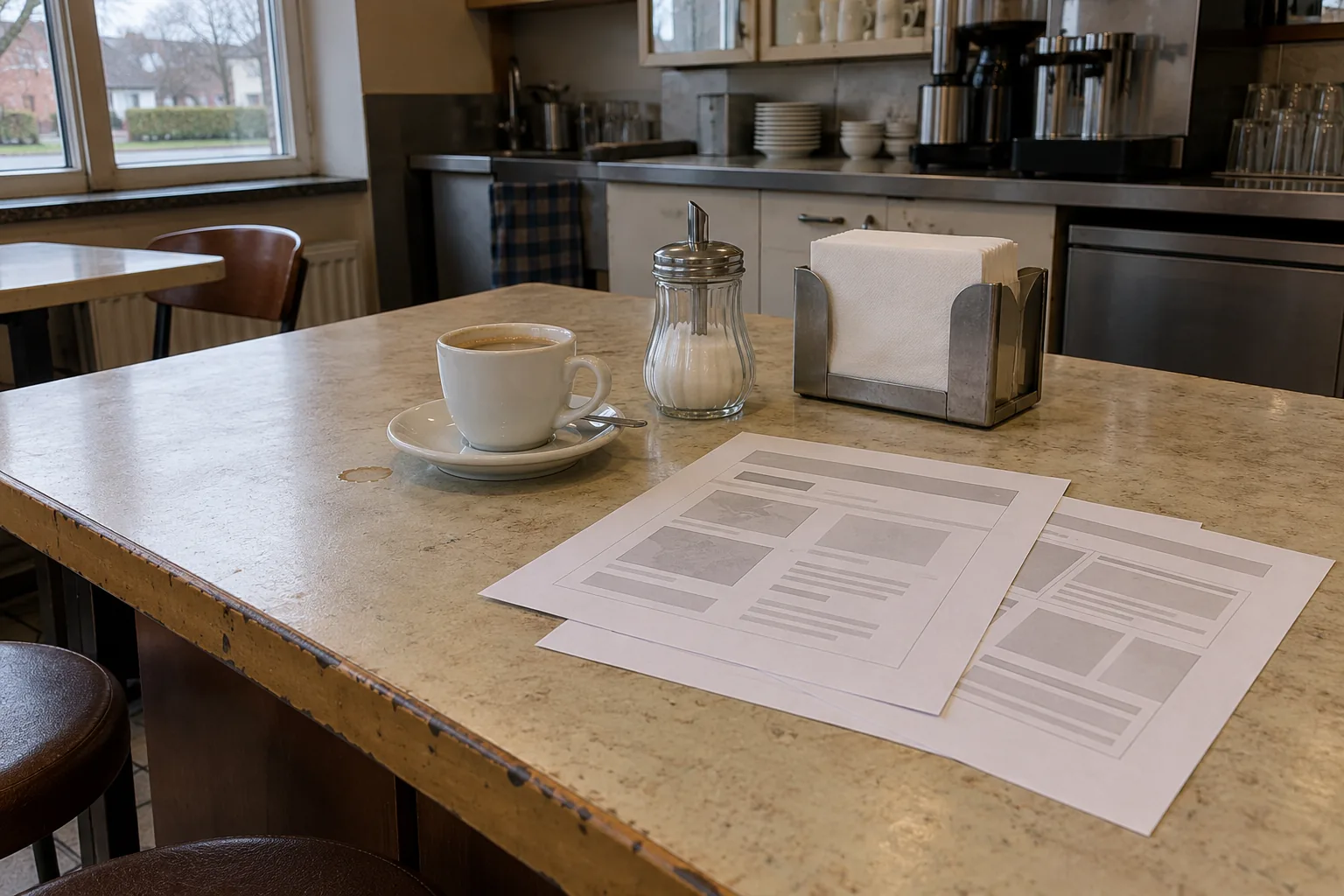 Geprinte schetsen van een webpagina naast een kop koffie, een suikerpot en een servettenhouder op de toonbank van een lunchroom.