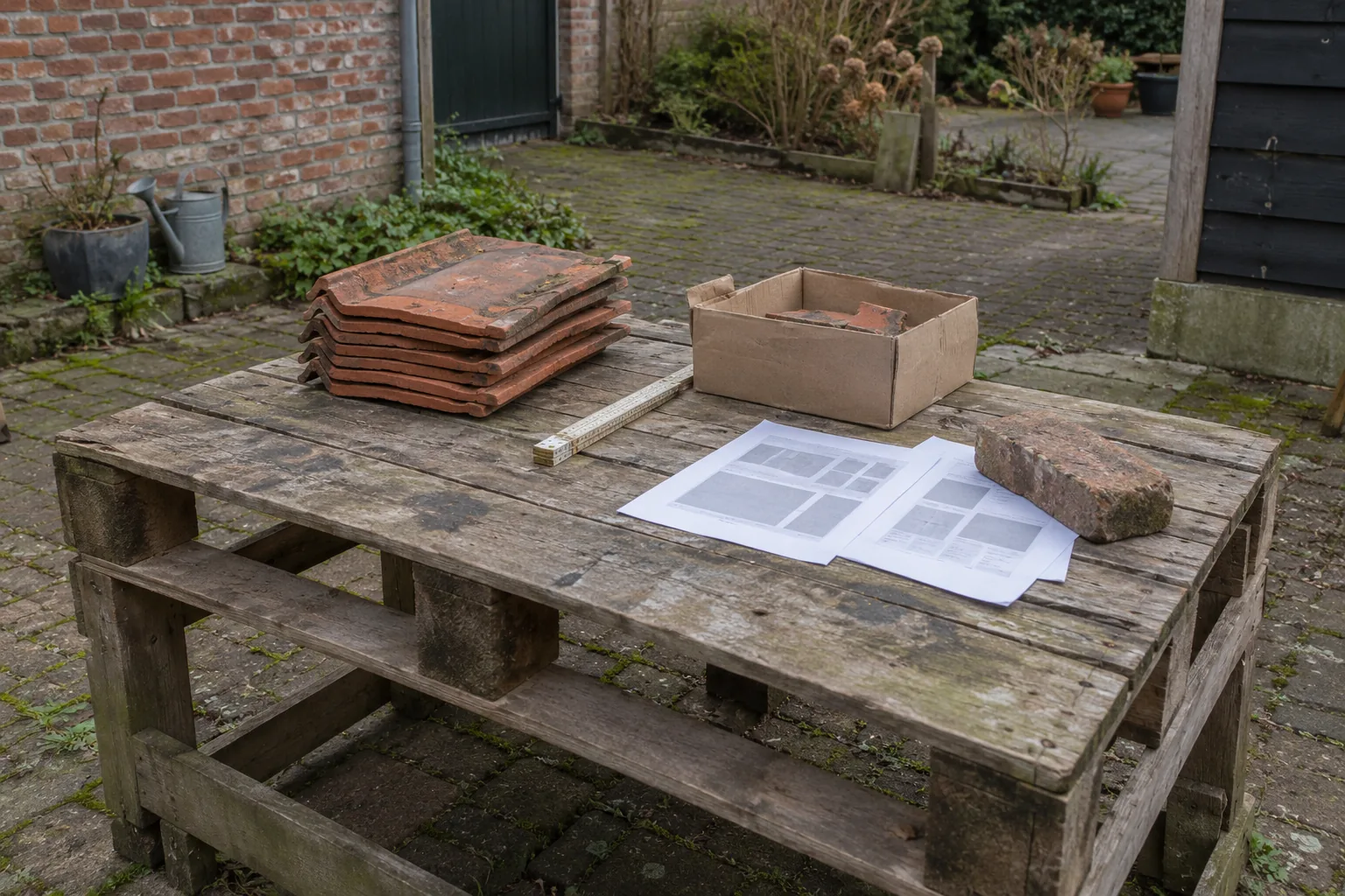 Geprinte schetsen van een webpagina onder een baksteen op een pallettafel met dakpannen en een duimstok.