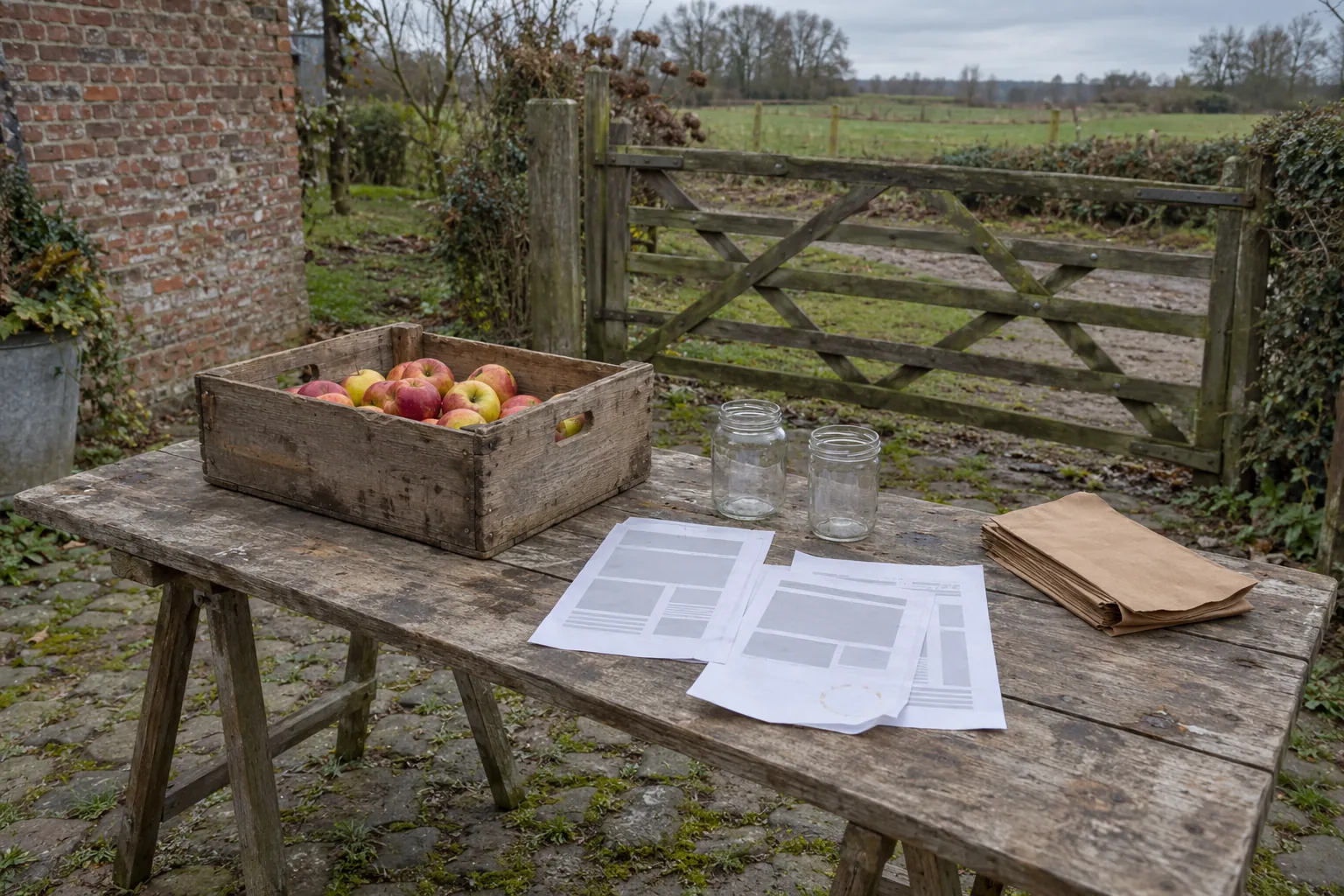 Geprinte schetsen van een webpagina naast een kist appels en twee glazen potten op een houten tafel bij een hek.