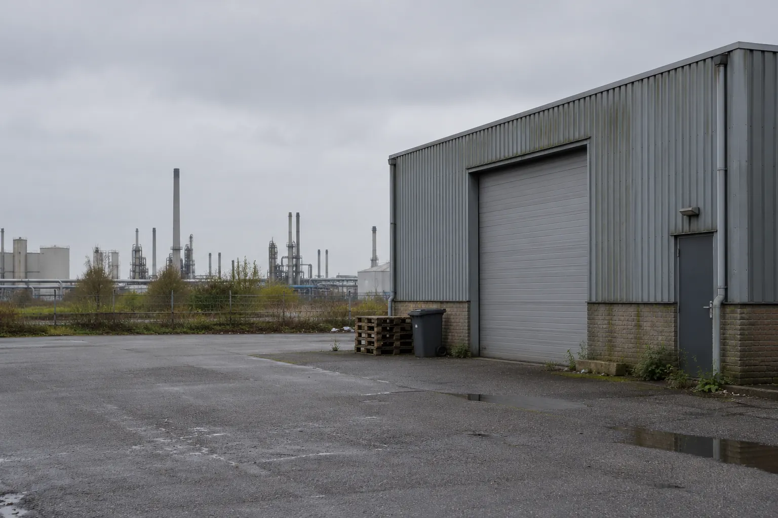 Een bedrijfshal met een gesloten roldeur op een bedrijventerrein, met in de verte de schoorstenen van de industrie.