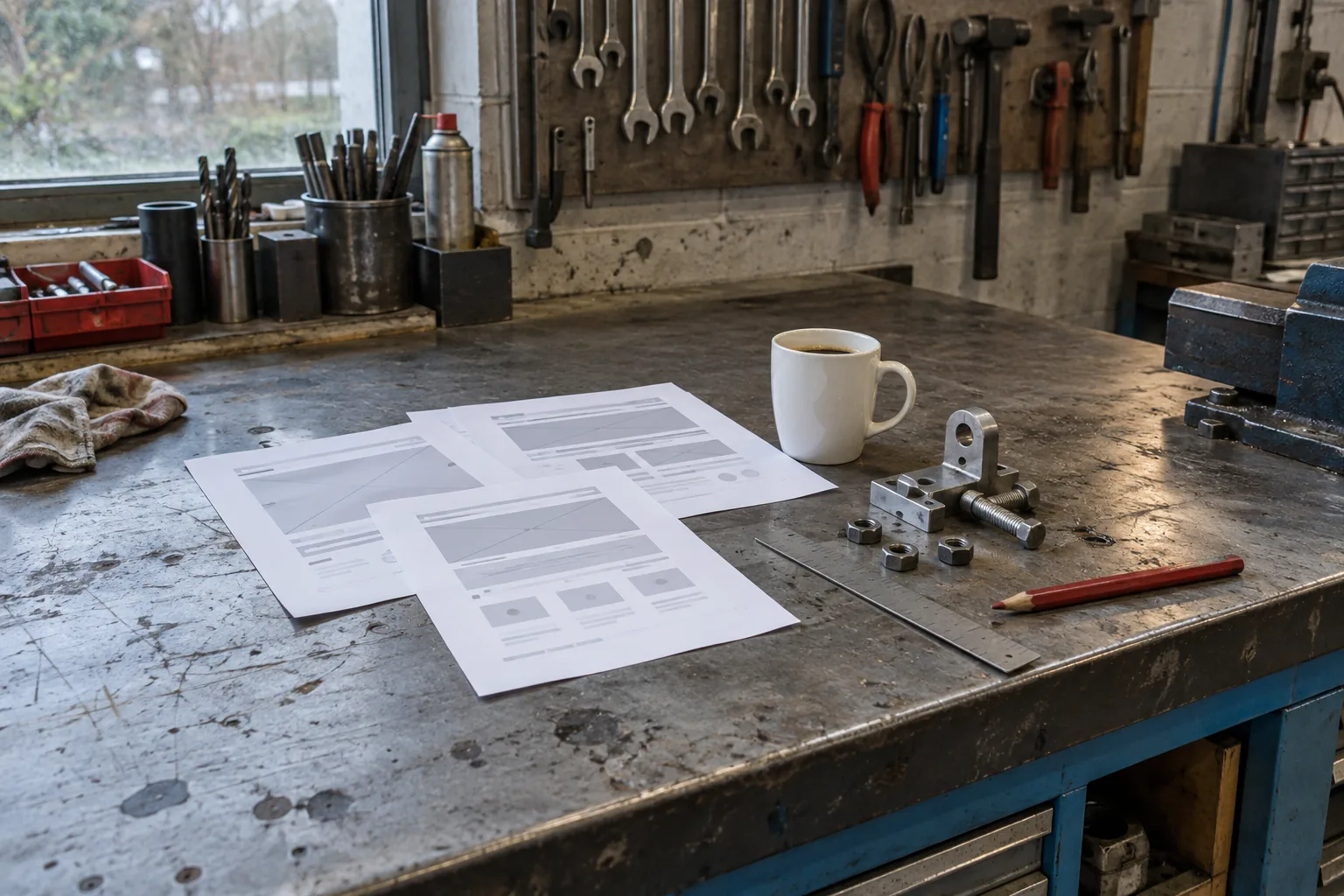 Geprinte schetsen van een webpagina naast een mok koffie en metalen onderdelen op een werkbank in een werkplaats.
