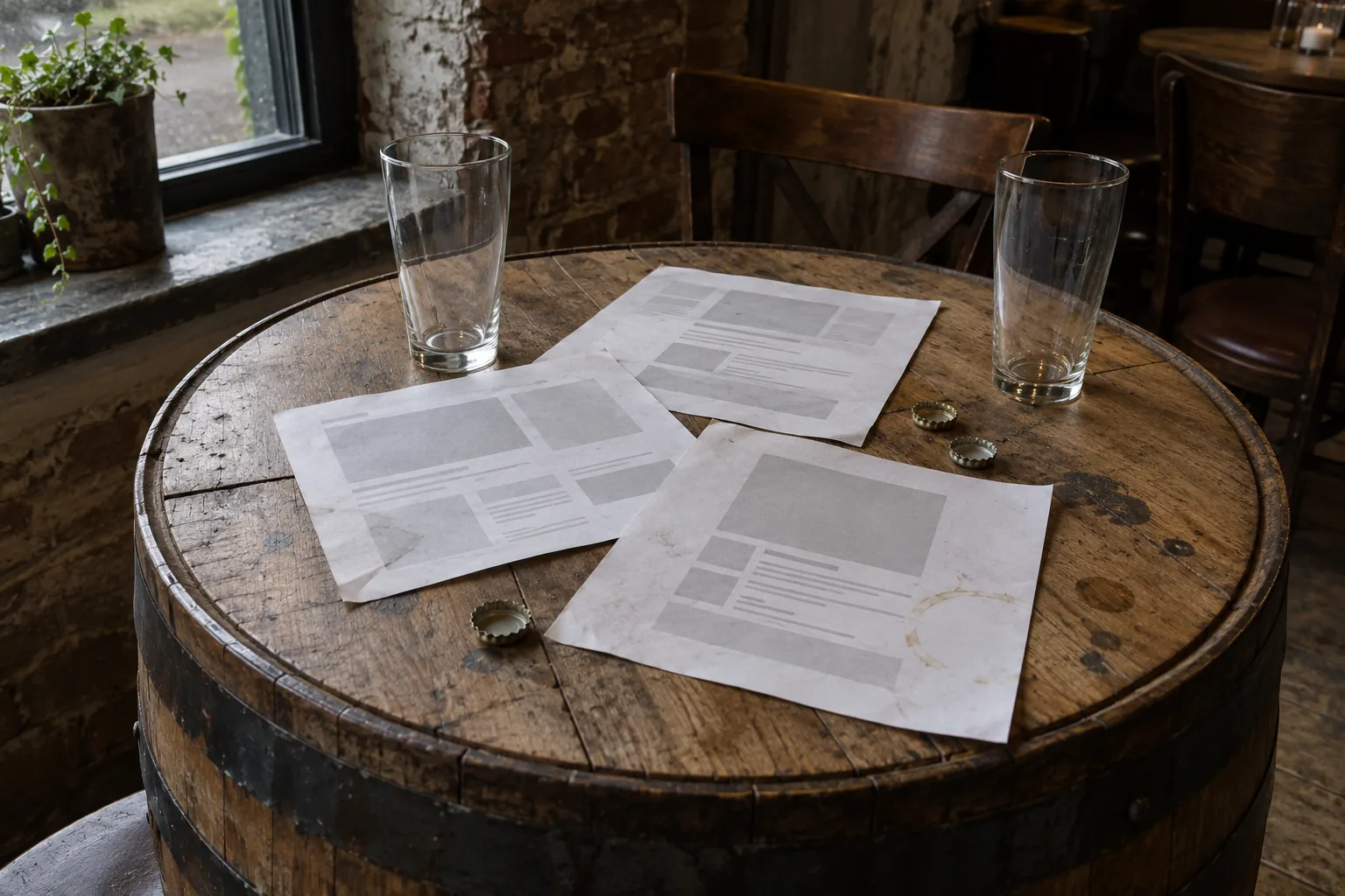 Geprinte schetsen van een webpagina en twee lege glazen op een tafel van een eikenhouten biervat.