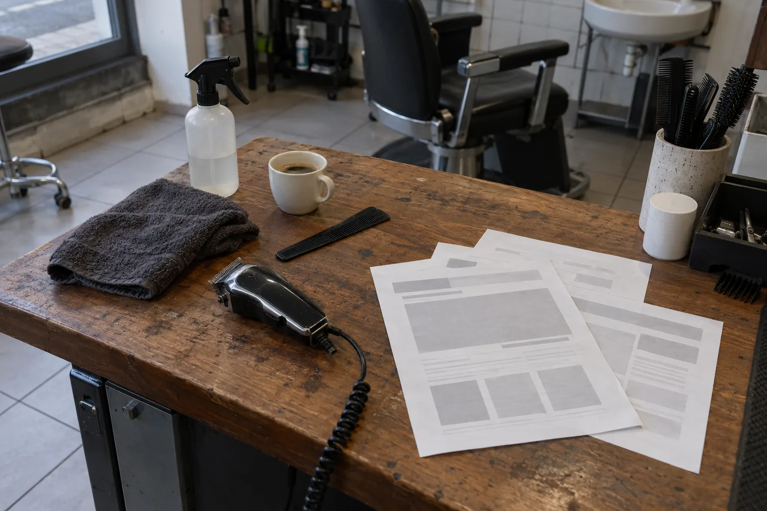 Geprinte schetsen van een webpagina naast een tondeuse, een kam en een kop koffie op de toonbank van een kapperszaak.
