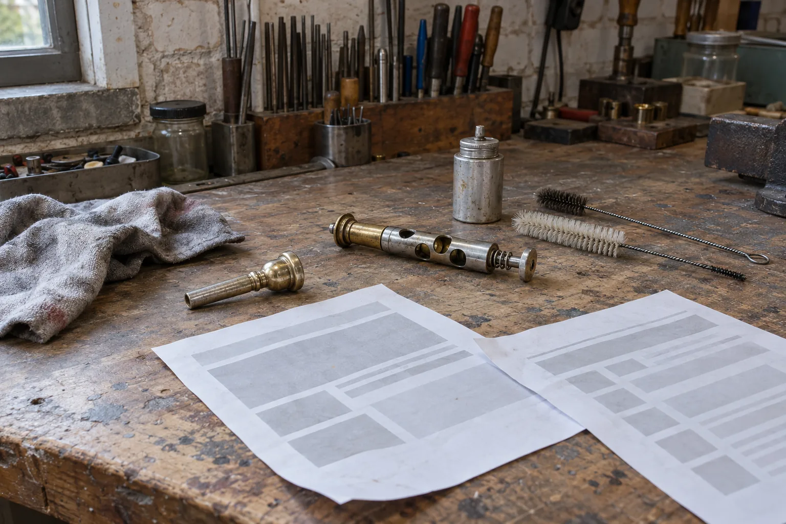 Geprinte schetsen van een webpagina naast een trompetventiel, een mondstuk en borsteltjes op de werkbank van een instrumentenmaker.