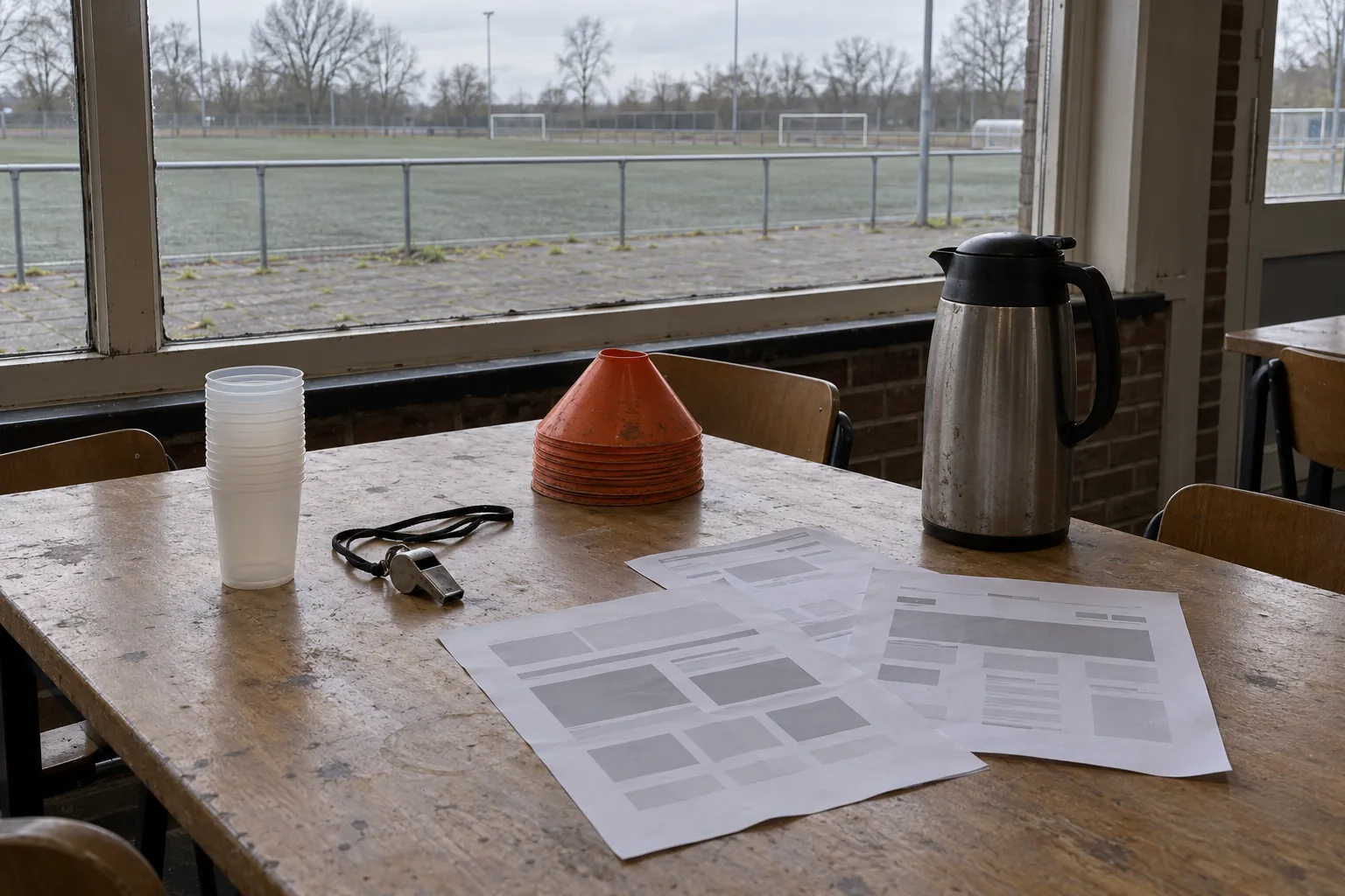 Geprinte schetsen van een webpagina naast pionnen, een fluitje en een thermoskan op een tafel in een sportkantine.