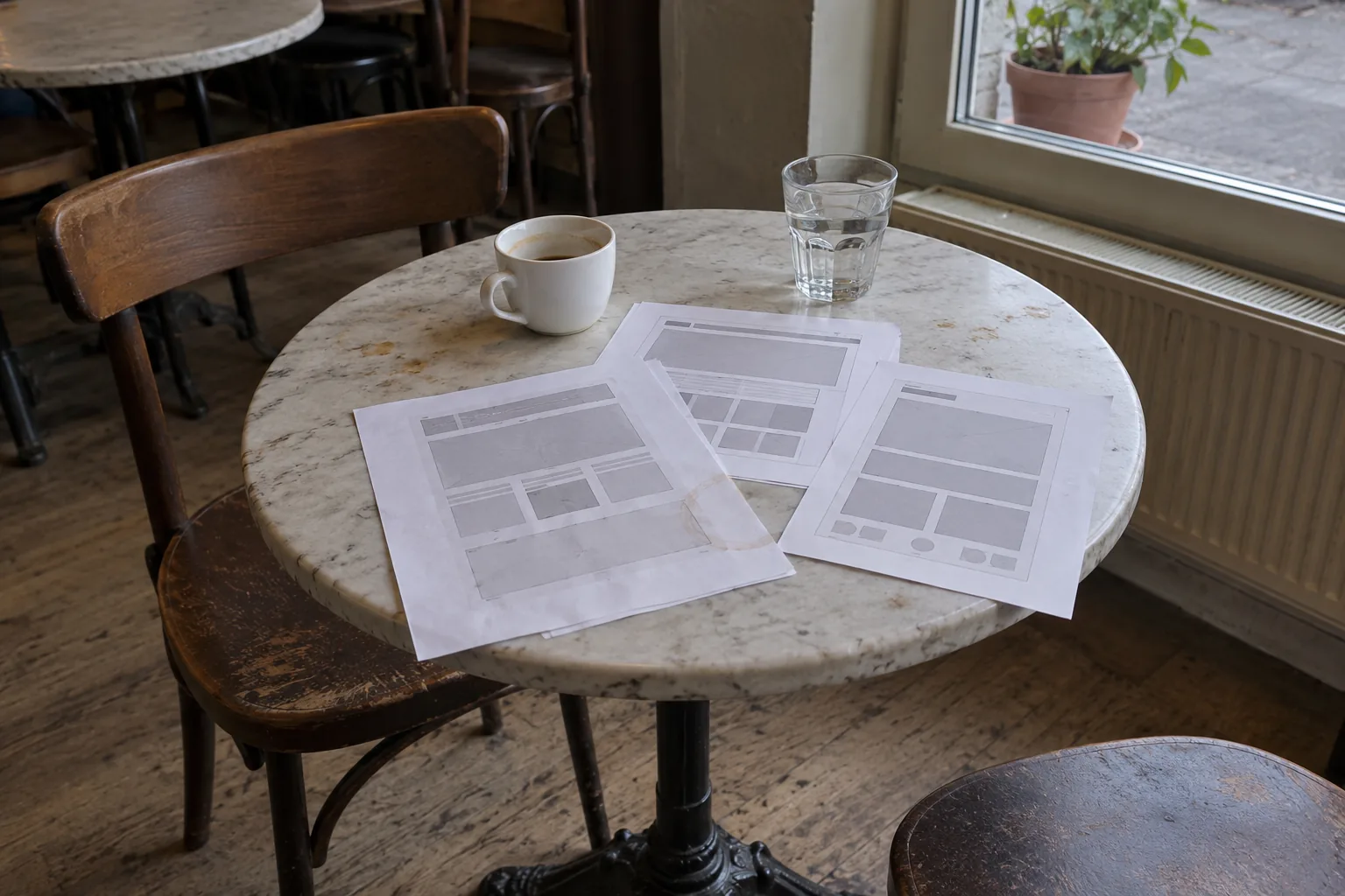 Geprinte schetsen van een webpagina met een kop koffie en een glas water op een marmeren cafétafel.