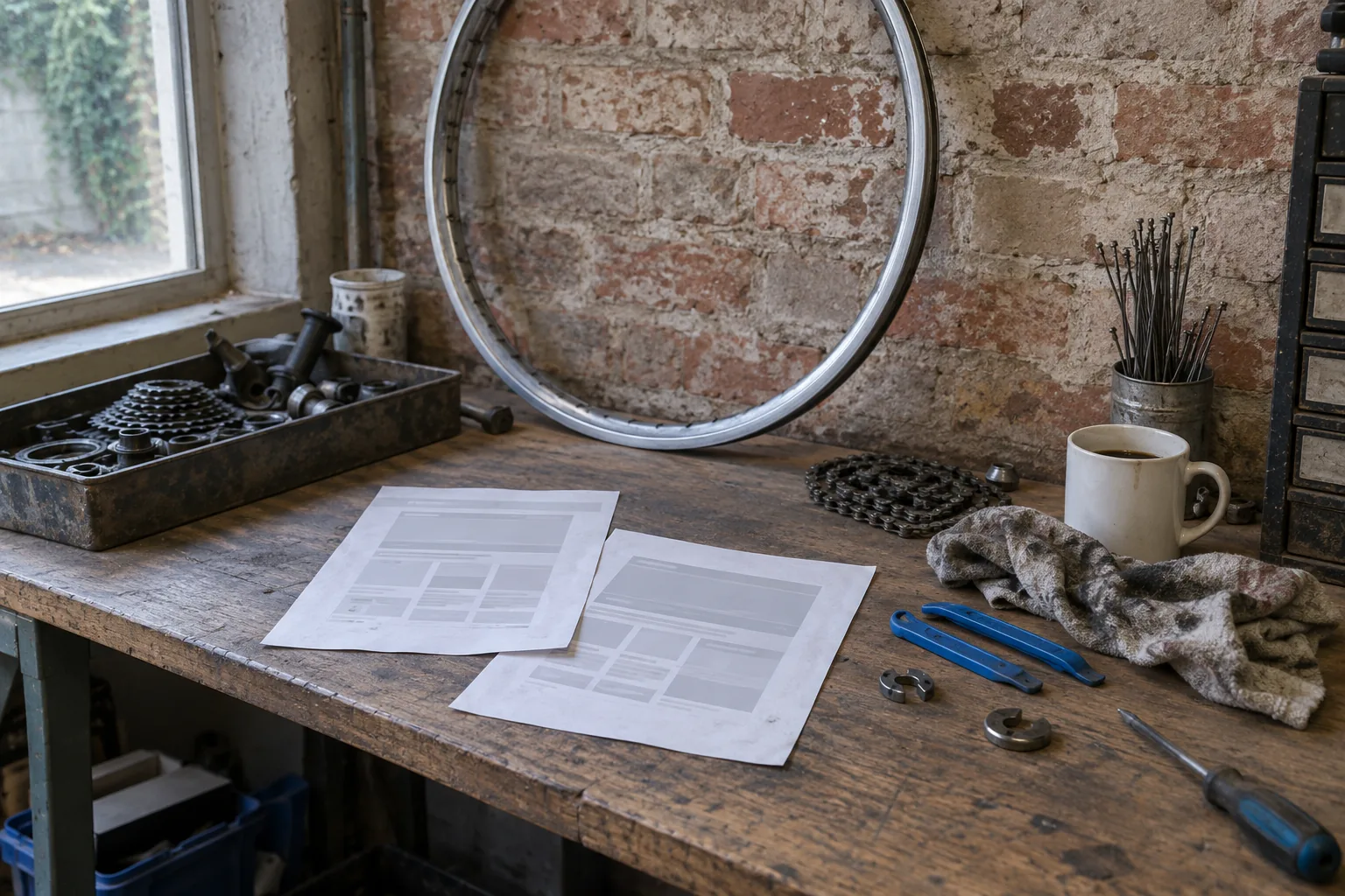 Geprinte schetsen van een webpagina naast een fietsketting, gereedschap en een velg op de werkbank van een fietsenmaker.