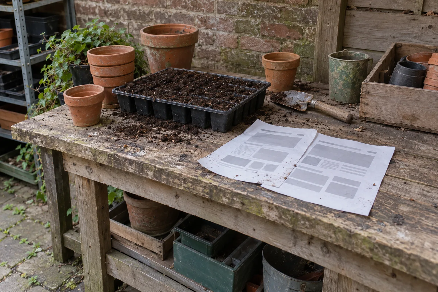 Geprinte schetsen van een webpagina naast terracotta potten, een plantenbak en een schepje op een oppottafel.