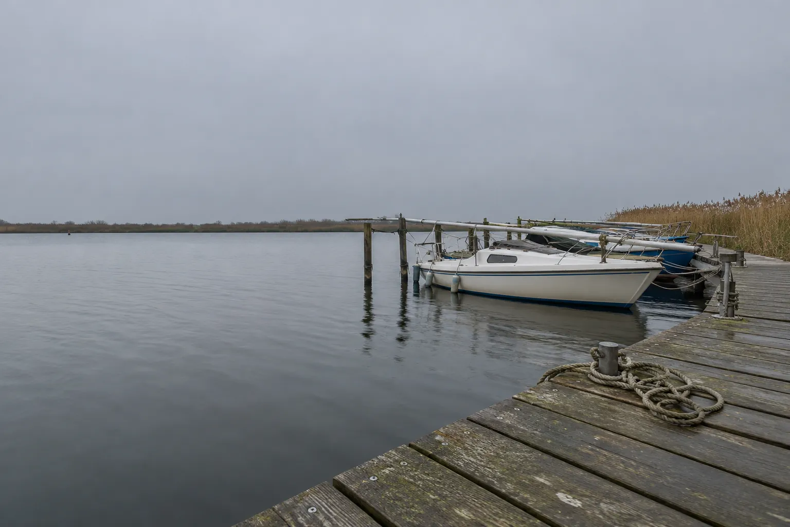 Een houten steiger in een jachthaven aan een plas, met een paar afgemeerde zeilboten en riet.