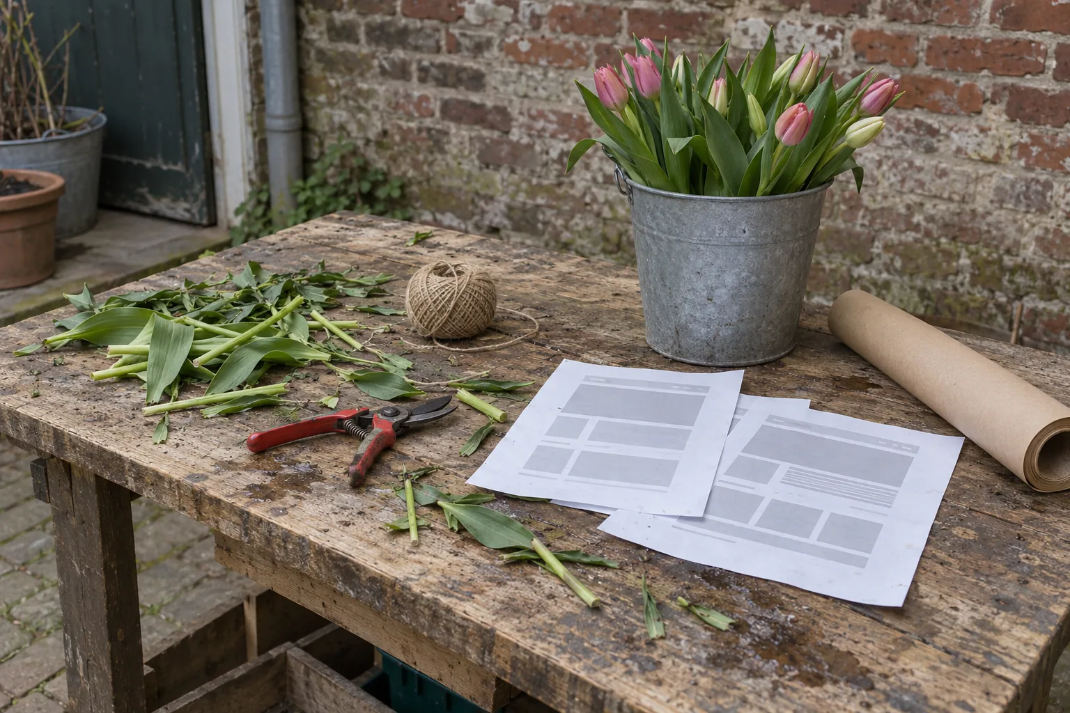 Geprinte schetsen van een webpagina naast een emmer tulpen, snoeischaar en touw op de werkbank van een bloemist.