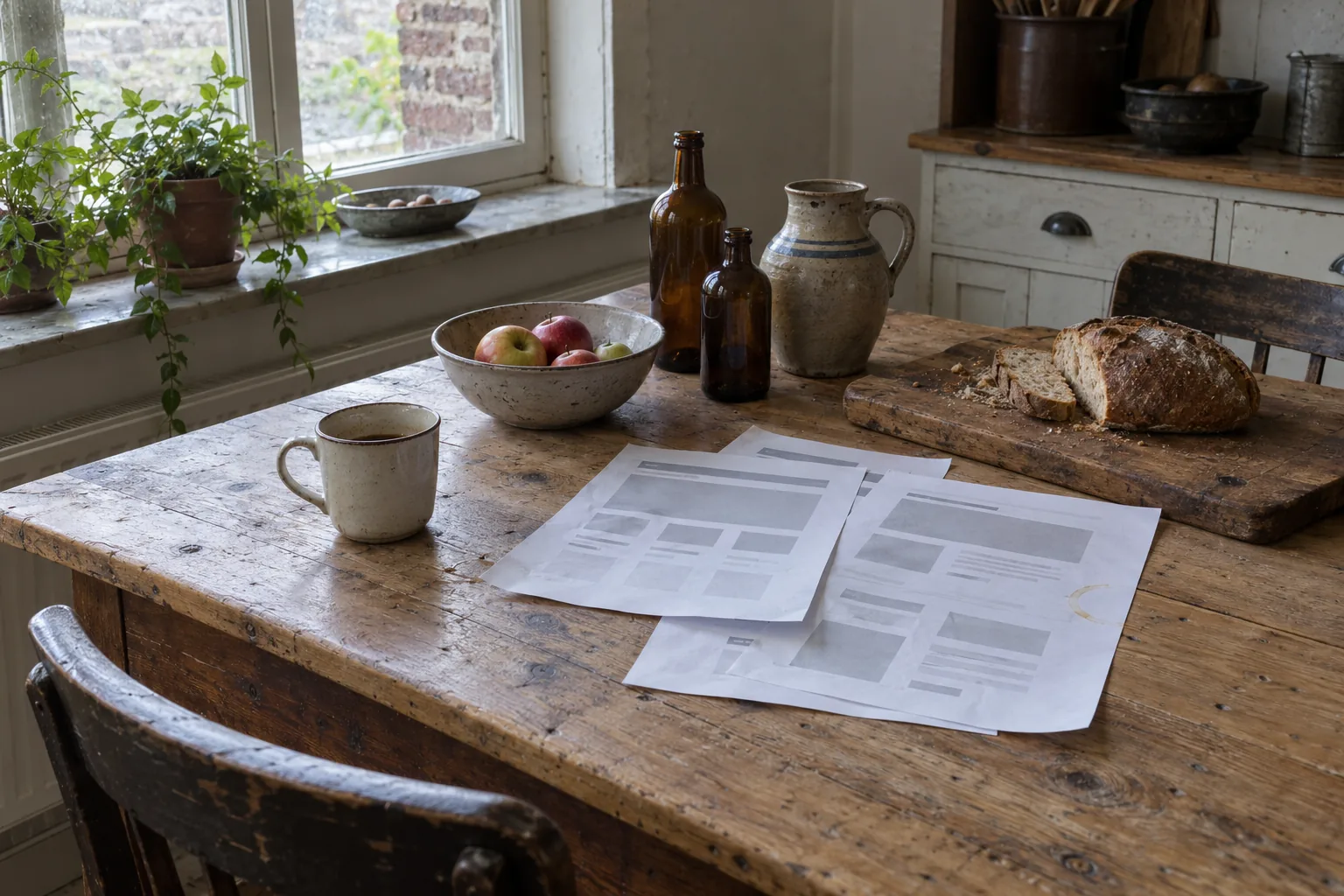 Geprinte schetsen van een webpagina naast een schaal appels, een brood en een kan op een keukentafel.