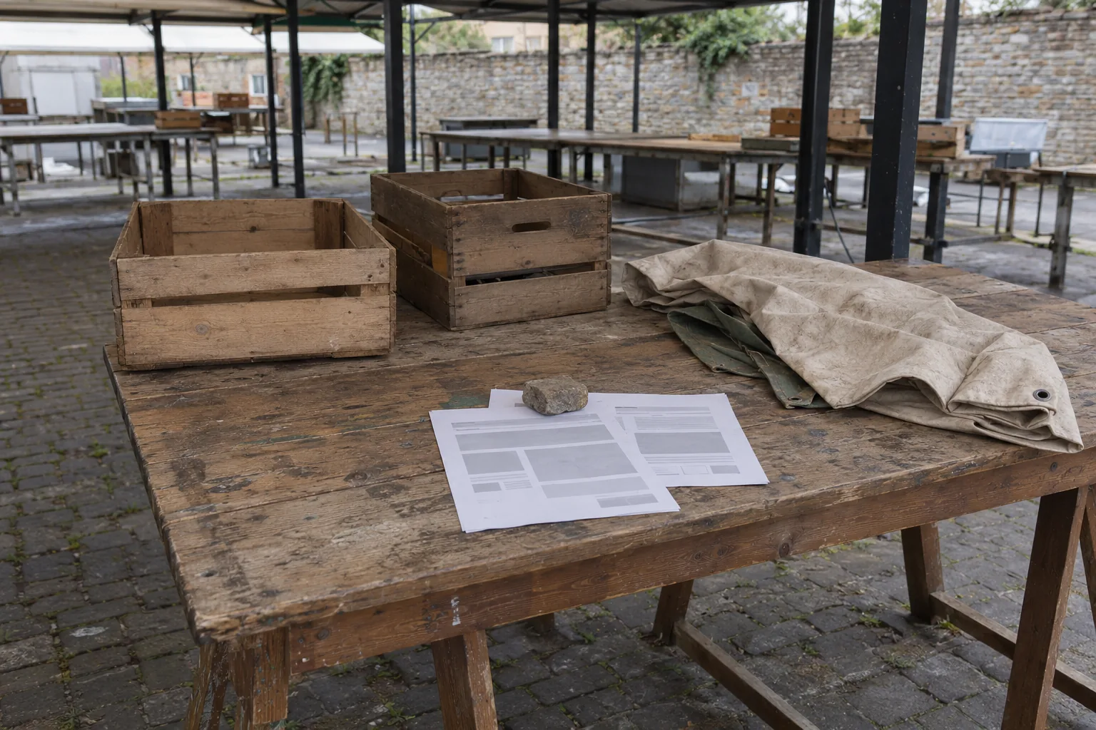 Geprinte schetsen van een webpagina onder een steen naast lege fruitkisten en een doek op een overdekte markttafel.