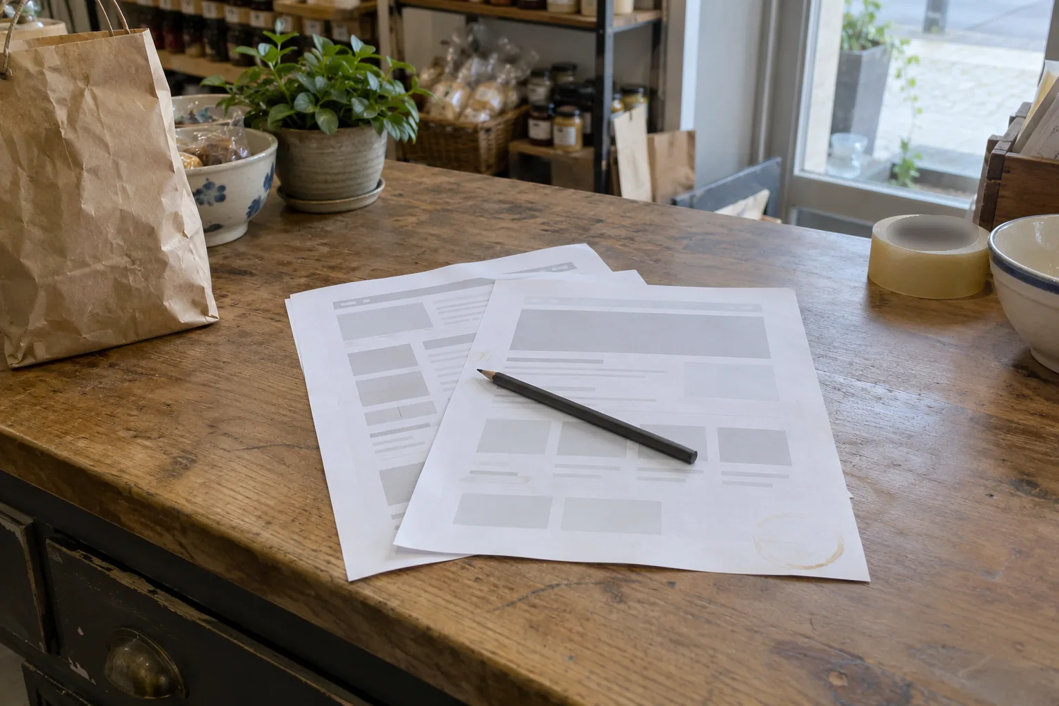 Geprinte schetsen van een webpagina met een potlood op de houten toonbank van een kleine winkel.