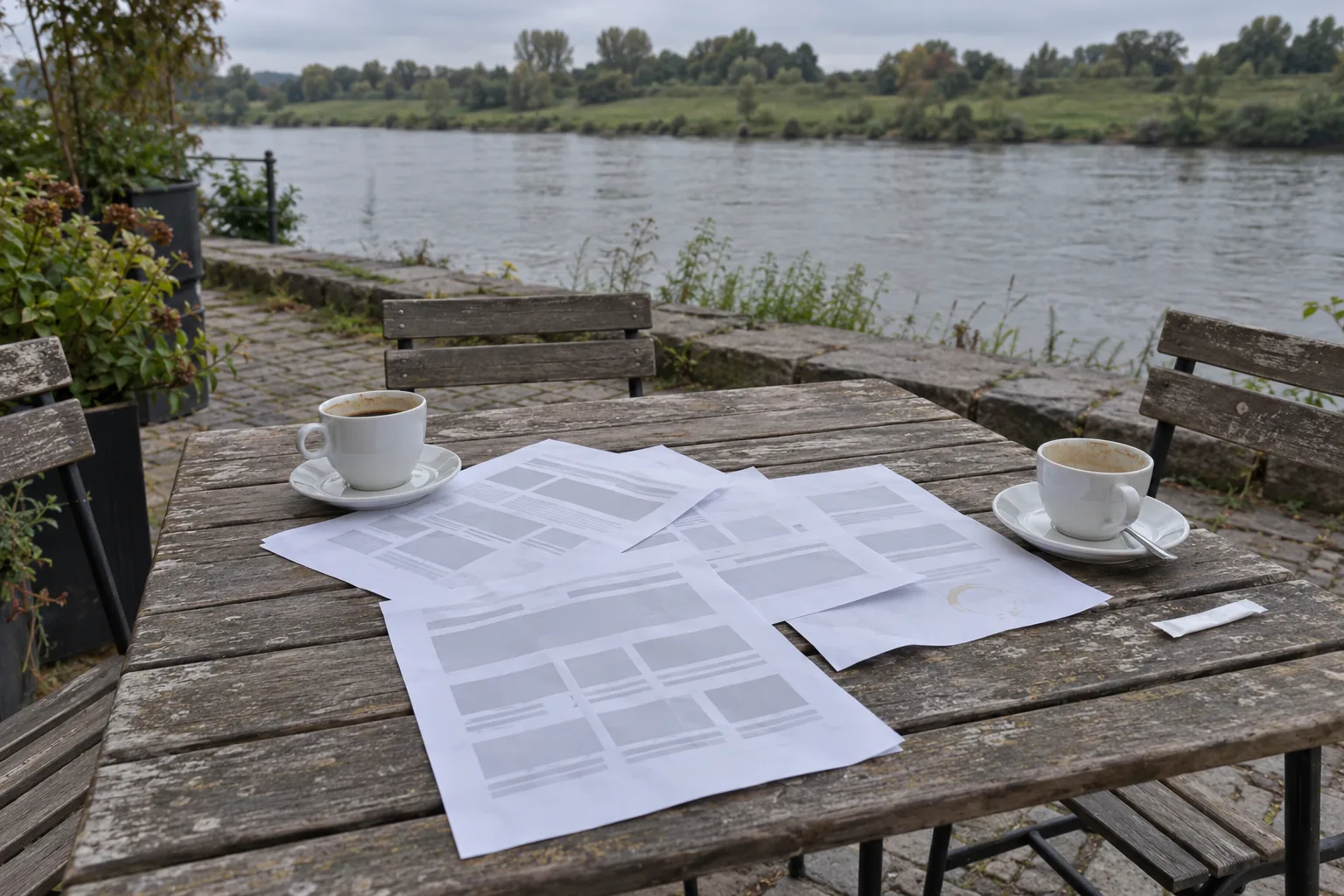 Geprinte schetsen van een webpagina en twee koffiekopjes op een terrastafel aan de Maas.