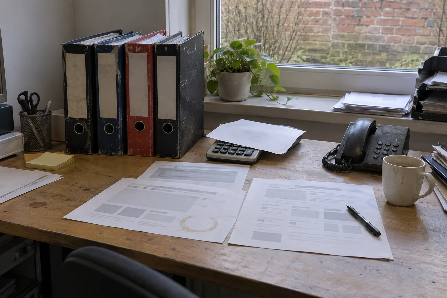 Geprinte schetsen van een webpagina naast ordners, een rekenmachine en een telefoon op een kantoorbureau.
