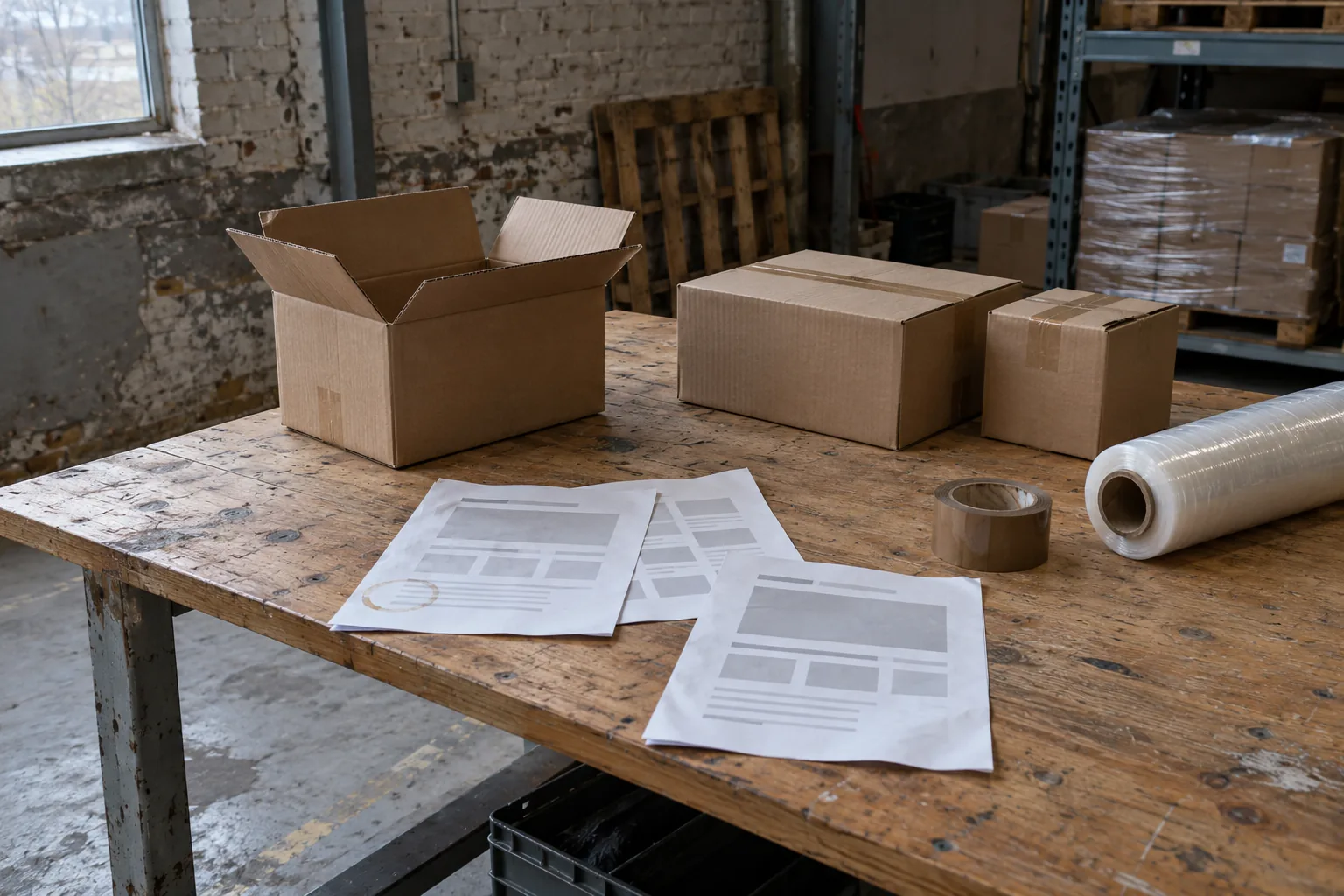 Geprinte schetsen van een webpagina naast kartonnen dozen, tape en wikkelfolie op een inpaktafel in een magazijn.