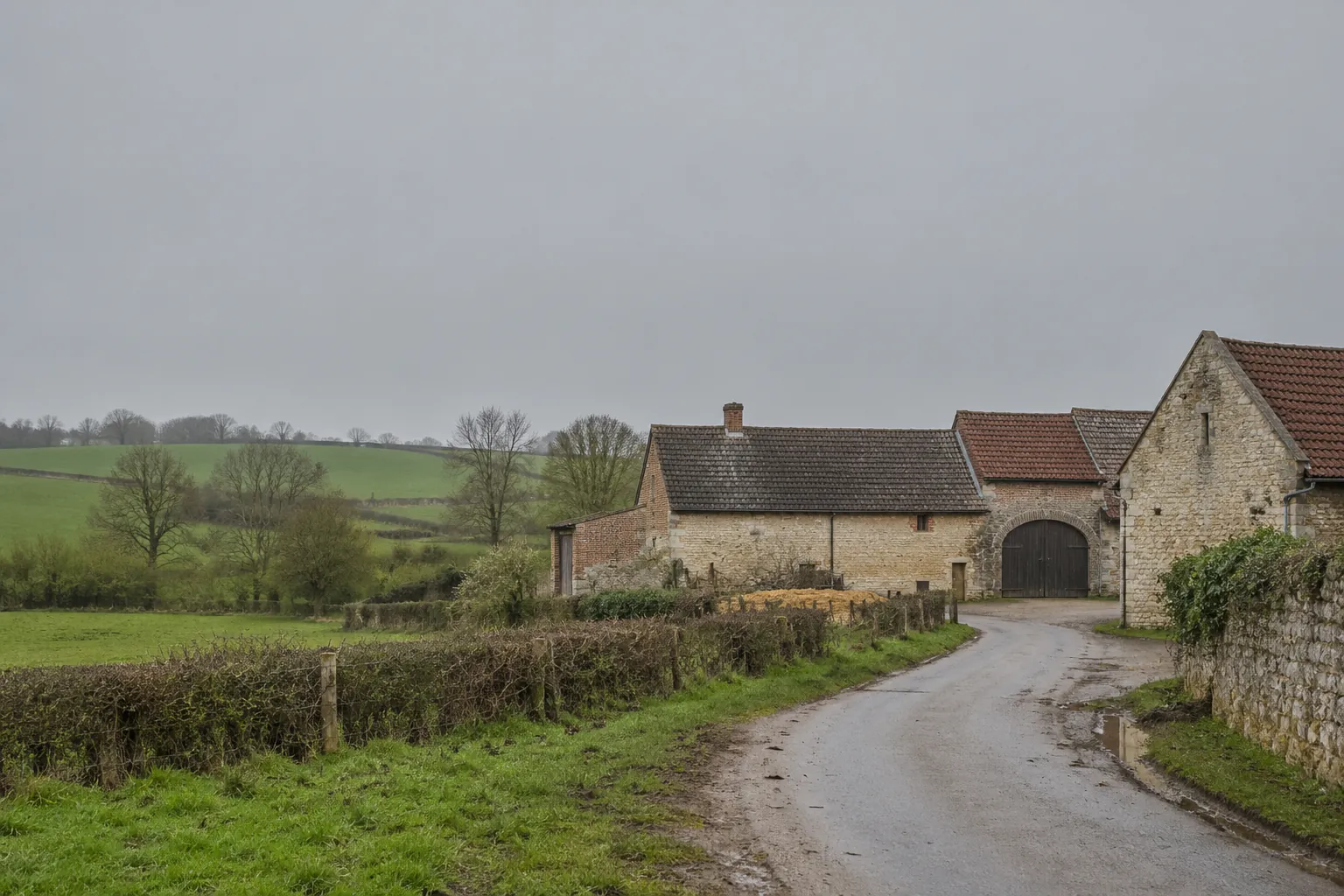 Een landweg met een heg die afbuigt naar een gesloten hoeve van kalksteen en baksteen.