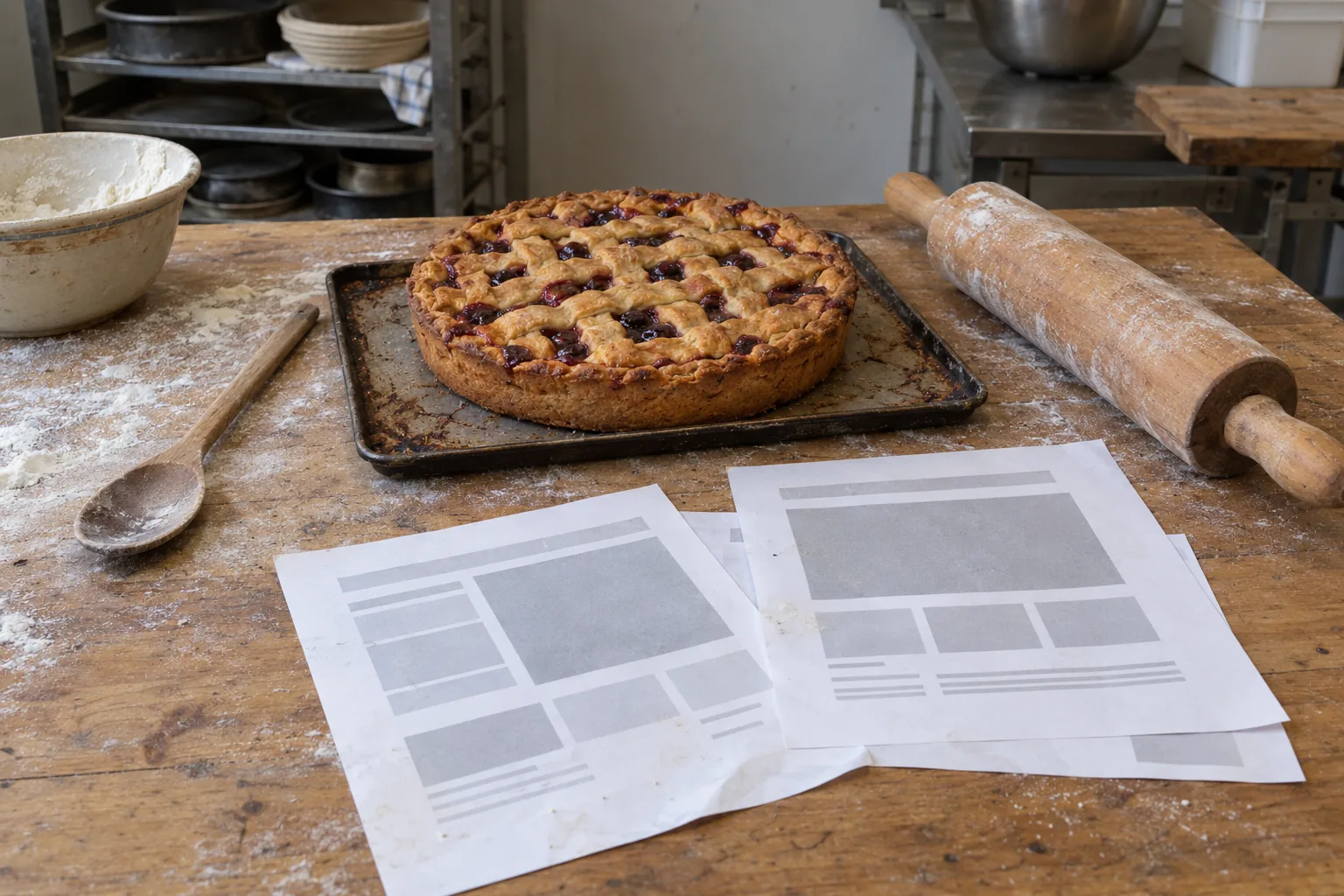 Geprinte schetsen van een webpagina naast een vlaai, een deegroller en een houten lepel op een met bloem bestoven werkbank van een bakker.