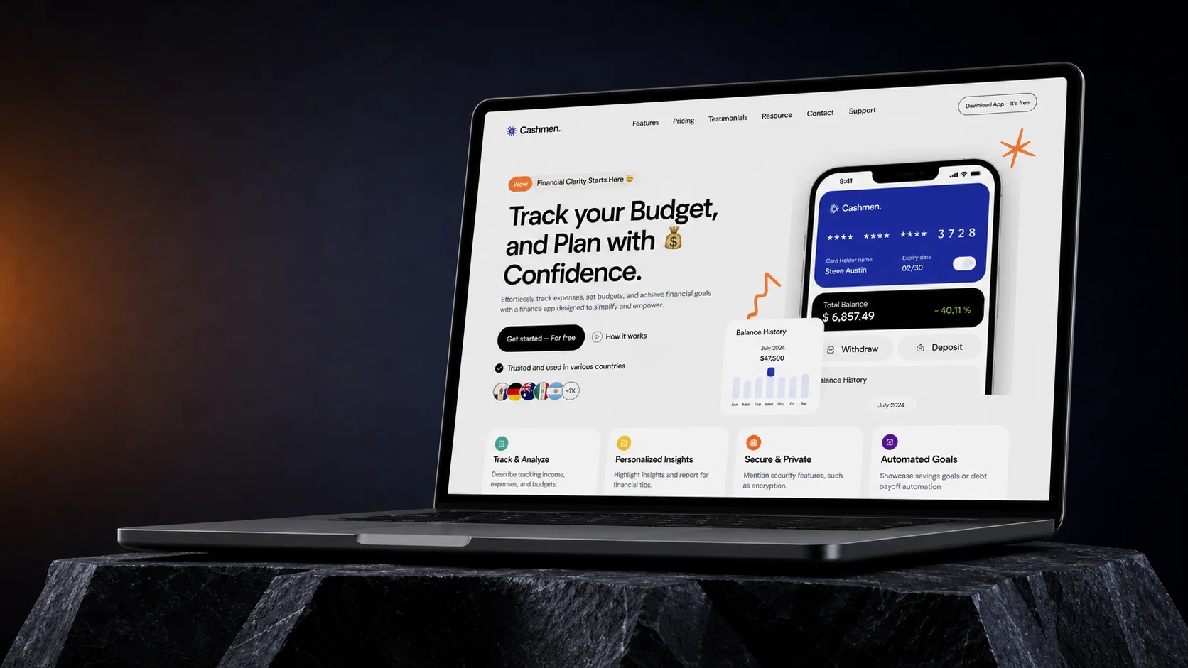Laptopmockup van de Cashmen finance website op donkere steen.