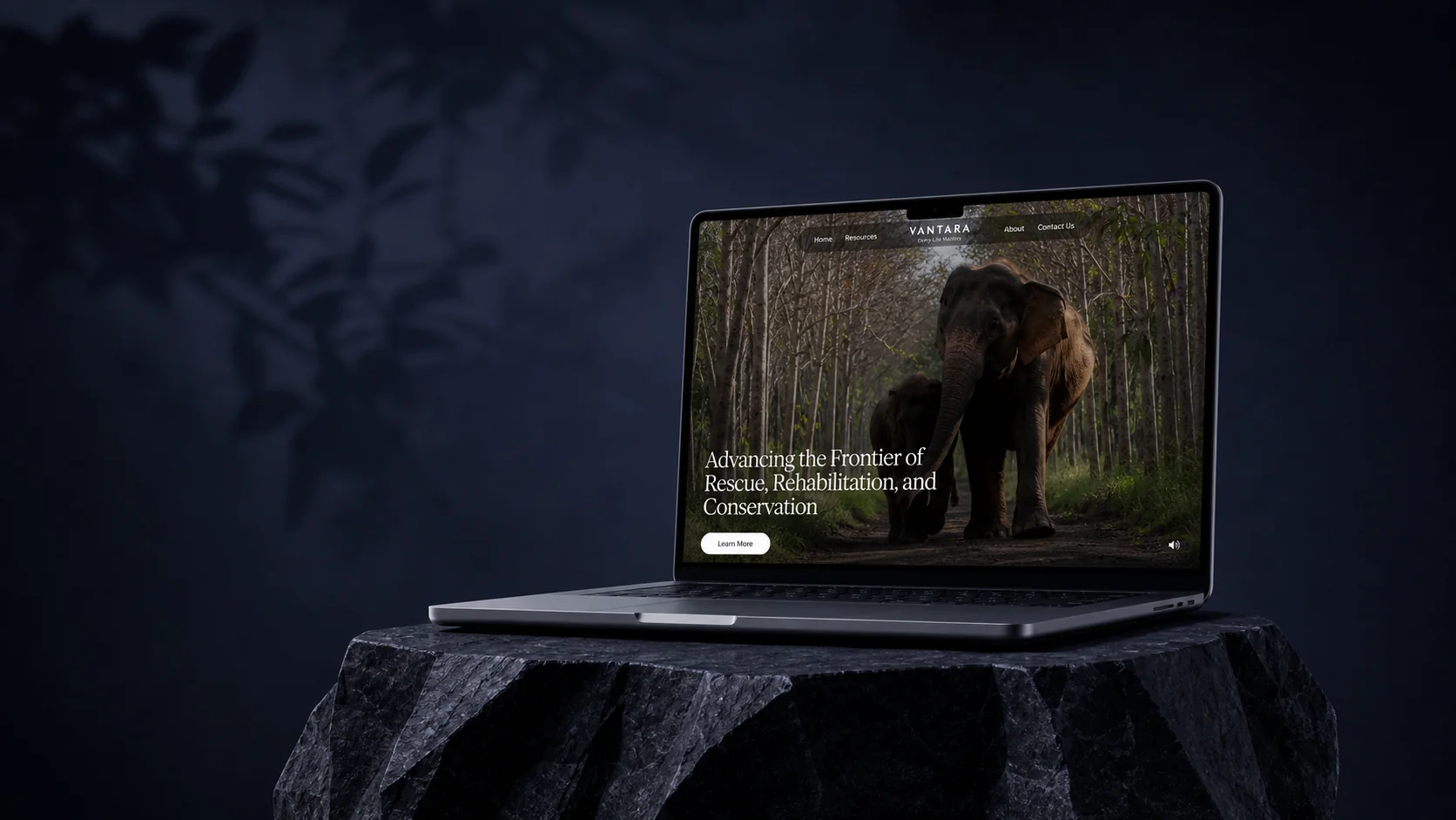 Laptopmockup van de Vantara website op een donkere stenen sokkel.